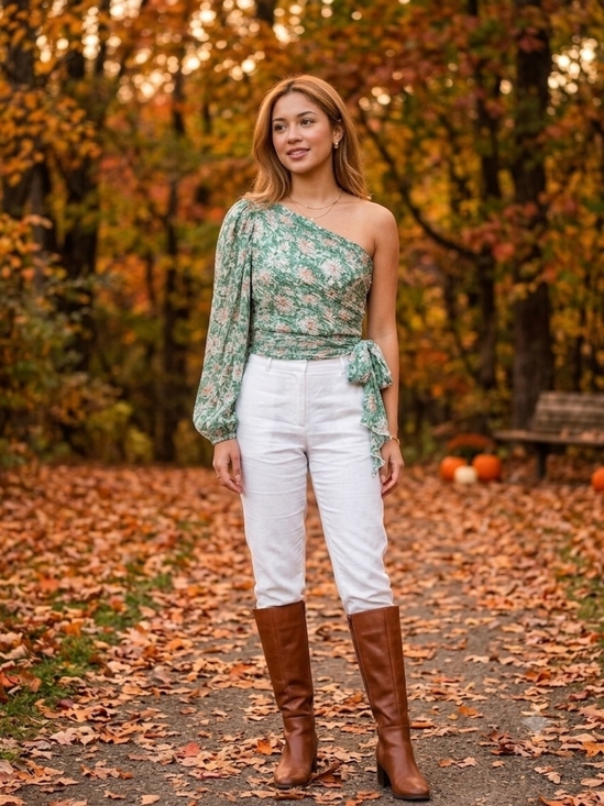 Lulus Tops - Lulu's Green Floral One-Shoulder Wrap Top